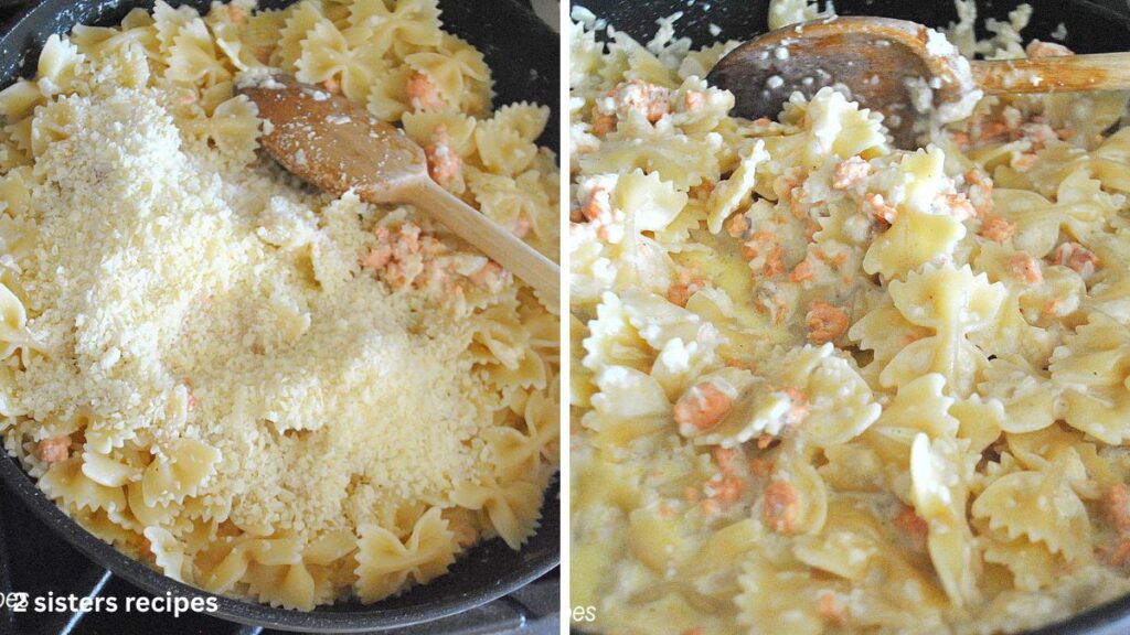 A skillet with farfalle pasta and grated parmesan cheese and a wooden spoon stirring it to combine.