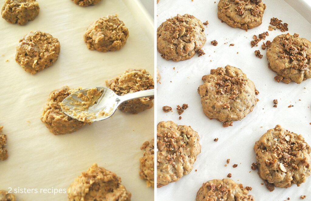 A baking sheet with cookies flatten with the back of a spoon, and then baked.