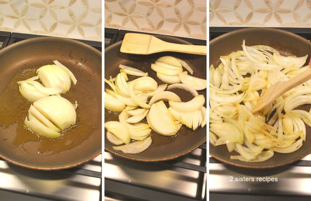 A large skillet with sliced onions cooking on stove top. 