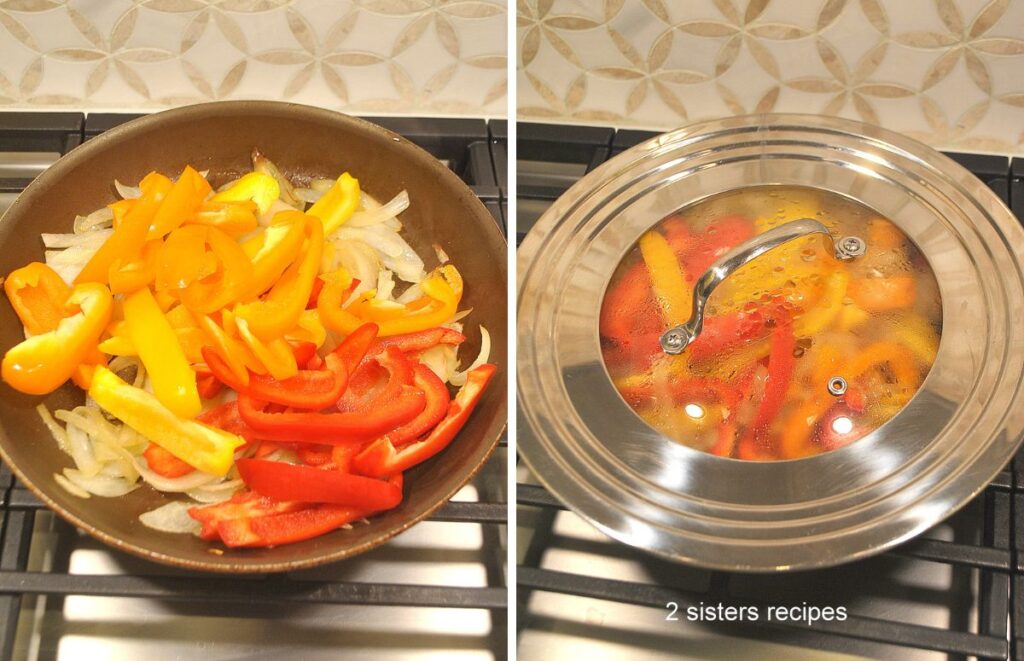 A large skillet filled with colorful peppers and then covered to cook them.