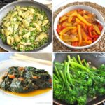 A skillet filled with artichokes and peas, a platter with peppers and onions, and plate with sauteed spinach and broccolini in a skillet.