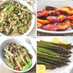 A platter filled with mini peppers, bowl filled with peas and mushrooms, baby zucchini and grilled asparagus.
