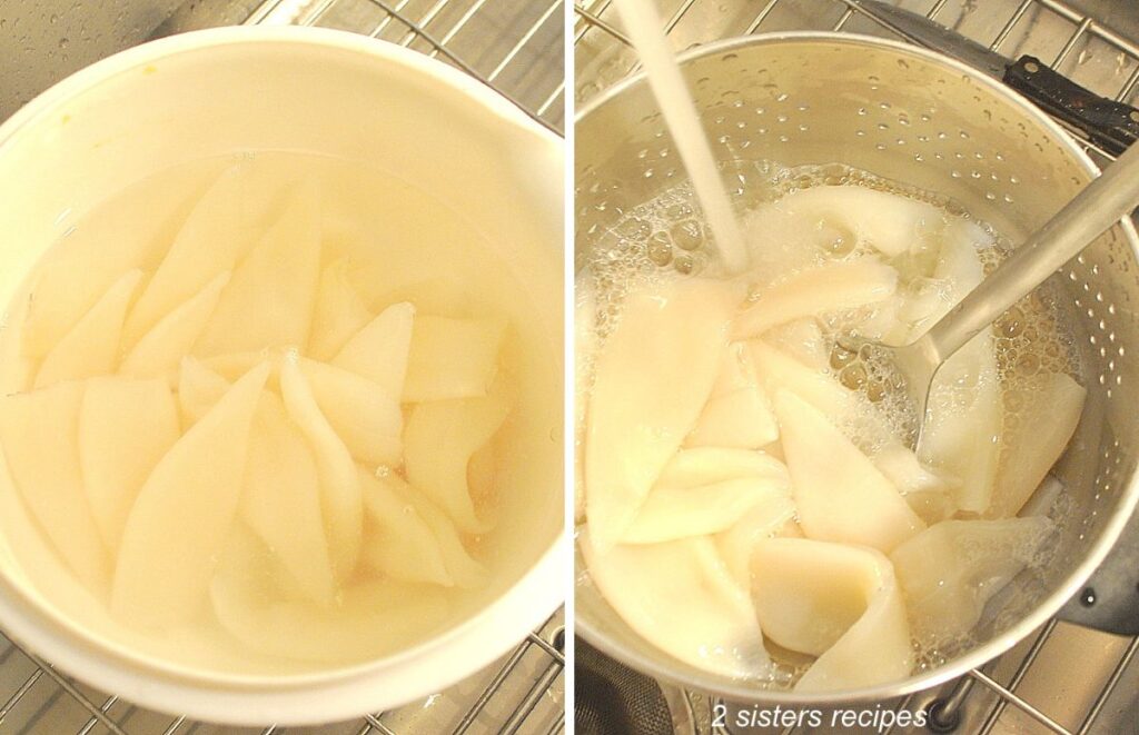 A white bowl filled with water and frozen calamari tubes, and a colander with them rinsing under running water.