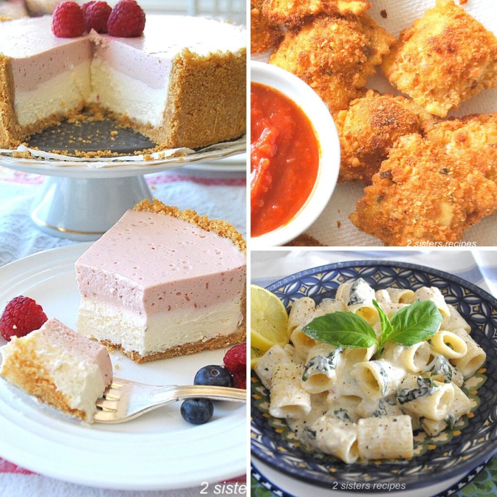 A slice of cheesecake served on a plate, creamy pasta, and fried ravioli.