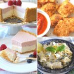 A slice of cheesecake served on a plate, creamy pasta, and fried ravioli.