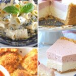 A dish of creamy pasta, slice of cheesecake, and fried ravioli for the Shavuot holiday.