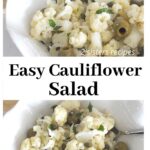 A white bowl filled with cauliflower salad.