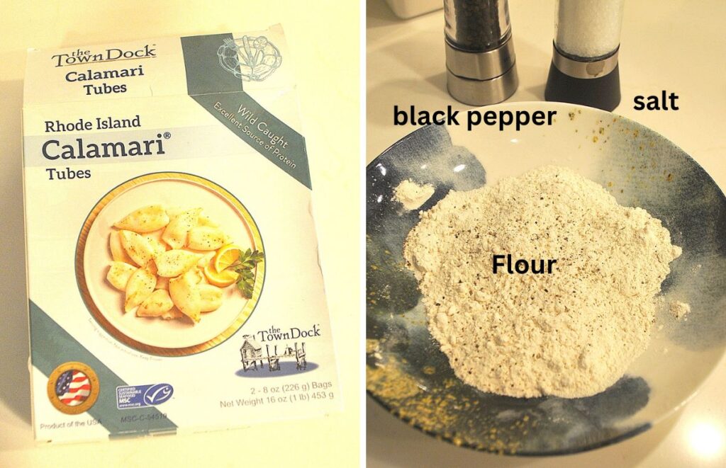 A box of frozen calamari tubes, and a bowl filled with flour.