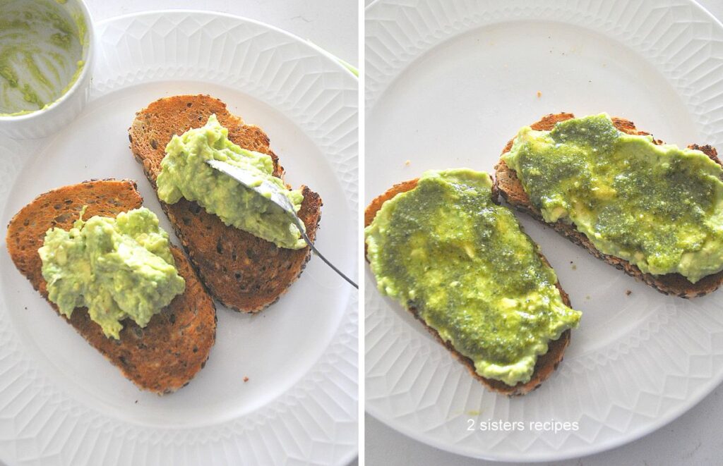 Two slices of toast placed on a white plate with a smear of mashed avocado and fresh pesto sauce on top .