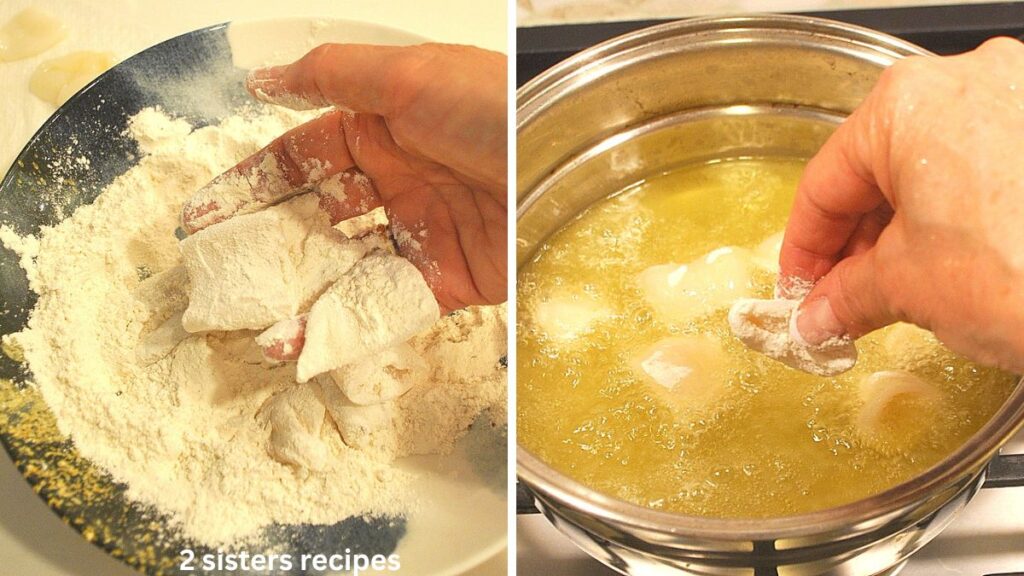 A bowl of flour with calamari pieces in flour and then frying in oil.