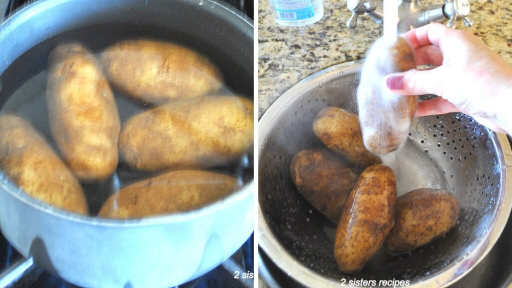 A pot filled with potatoes and water. and running water over them.