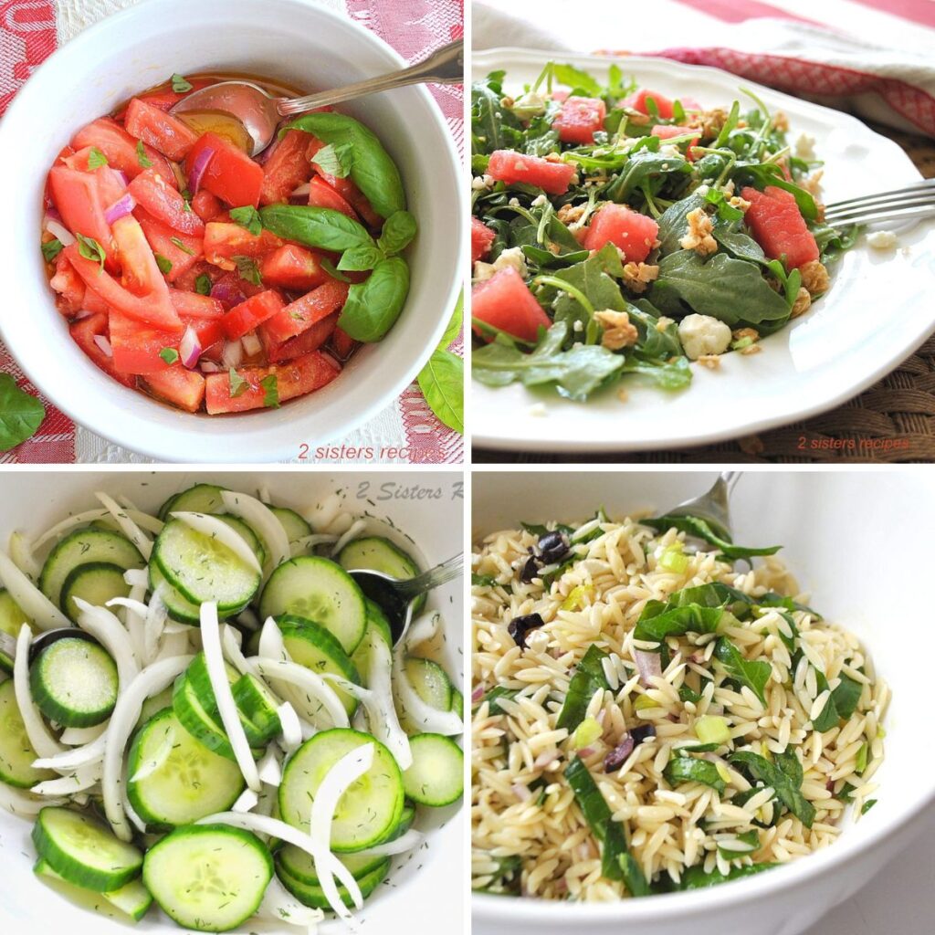 Four salad bowls filled with different salads.