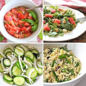 Four salad bowls filled with different salads.