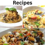 A white plate with spaghetti with zucchini, and dish with orzo with tomatoes and zucchini, and spaghetti with eggplant and tomatoes.