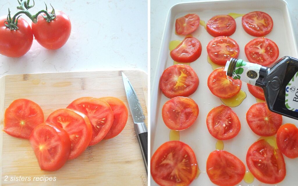  A cutting board with one tomato sliced, and baking sheet with olive oil drizzled over tomato slices.