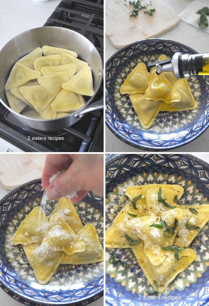 A pot with ravioli cooking, some olive oil drizzled over them in a plate, grated cheese and basil on top. 