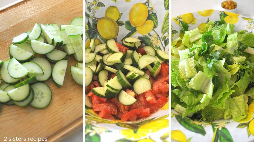 Cucumber sliced on cutting board, then tossed on top tomatoes and lettuce added to salad bowl.