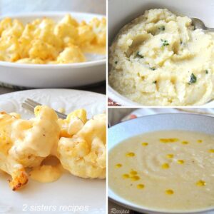 A cheesy cauliflower served in a white plate, Bowl of cream soup, and mashed cauliflower.