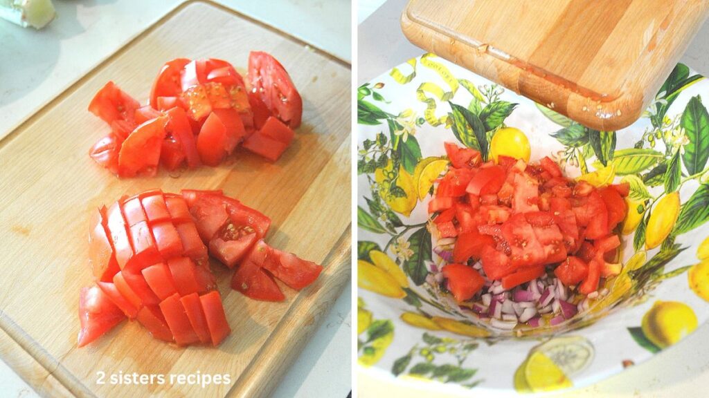 A cutting board with chopped tomato and then tossed into the salad bowl.