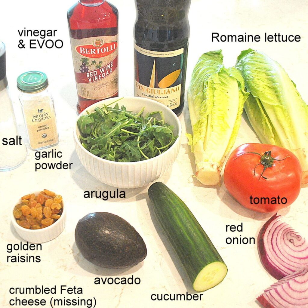 All the ingredients are placed on the counter for Fresh Italian Green Salad.