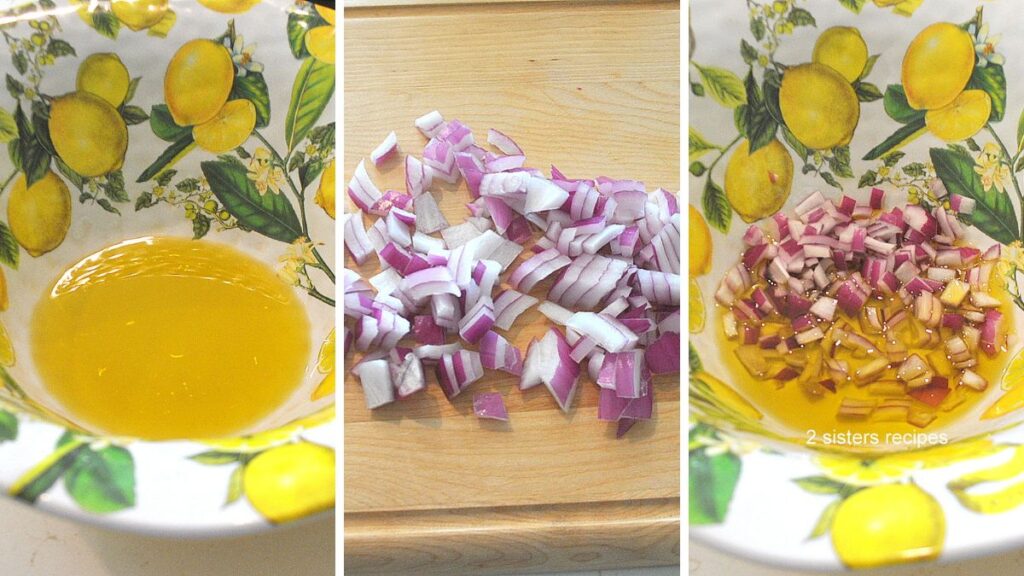 A bright yellow and white salad bowl with a layer of olive oil, and diced red onion on cutting board, and toss on top of the olive oil.