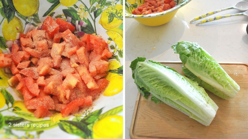 Chopped tomatoes with seasonings on top. And cutting board with 2 heads of lettuce.