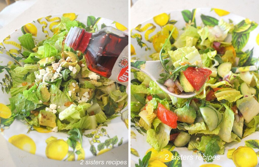 Pour red wine vinegar over the salad, then tossed.