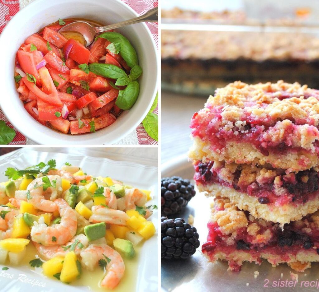 A bowl of tomato salad, and plate filled with shrimp salad, and blackberry crumble bars