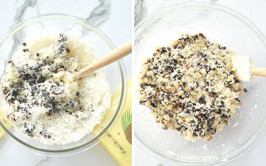 A clear mixing bowl with all the ingredients, and shredded coconut. Plus a large spatula for mixing. 