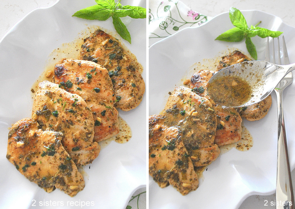 A white platter with herb mustard chicken served and  sauce is spooned over them. 