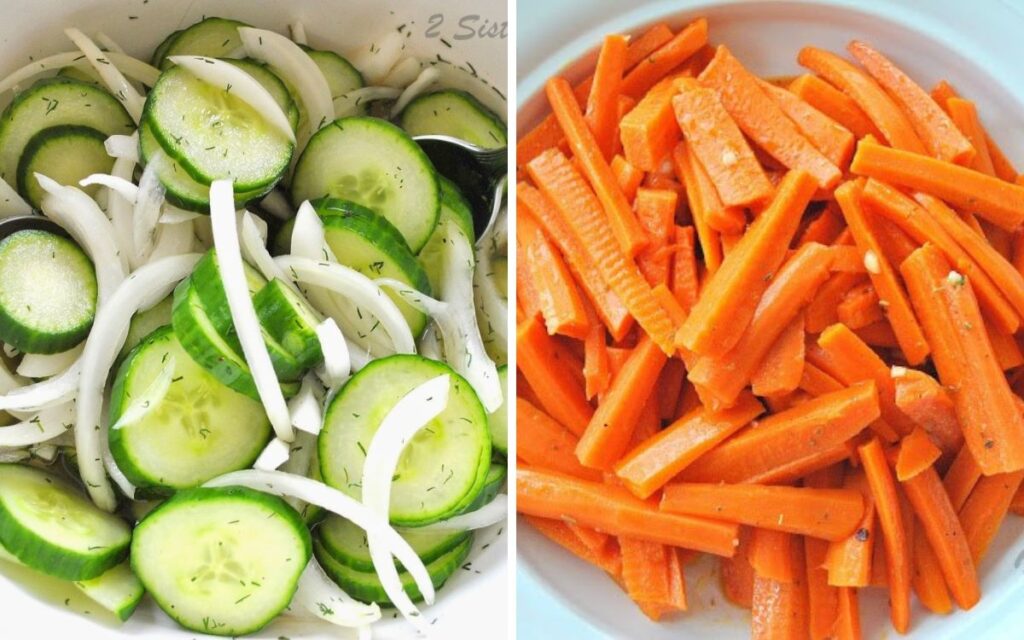 A bowl of cucumber and onion salad, and a carrot salad.