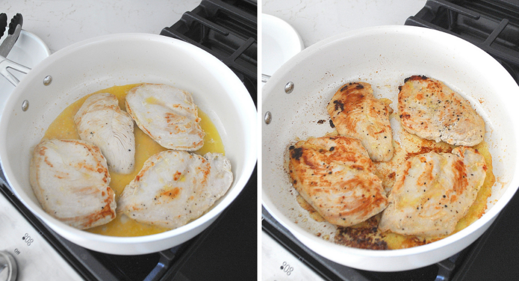 A white skillet sautéing chicken cutlets. 