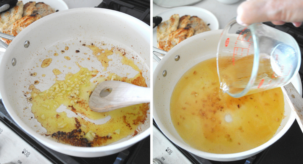 A white skillet with olive oil, garlic and white wine pouring in to the skillet. 