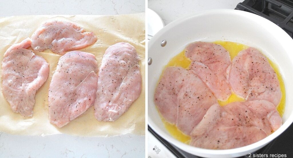 4 raw chicken cutlets on wax paper, and placed into a skillet with olive oil. 
