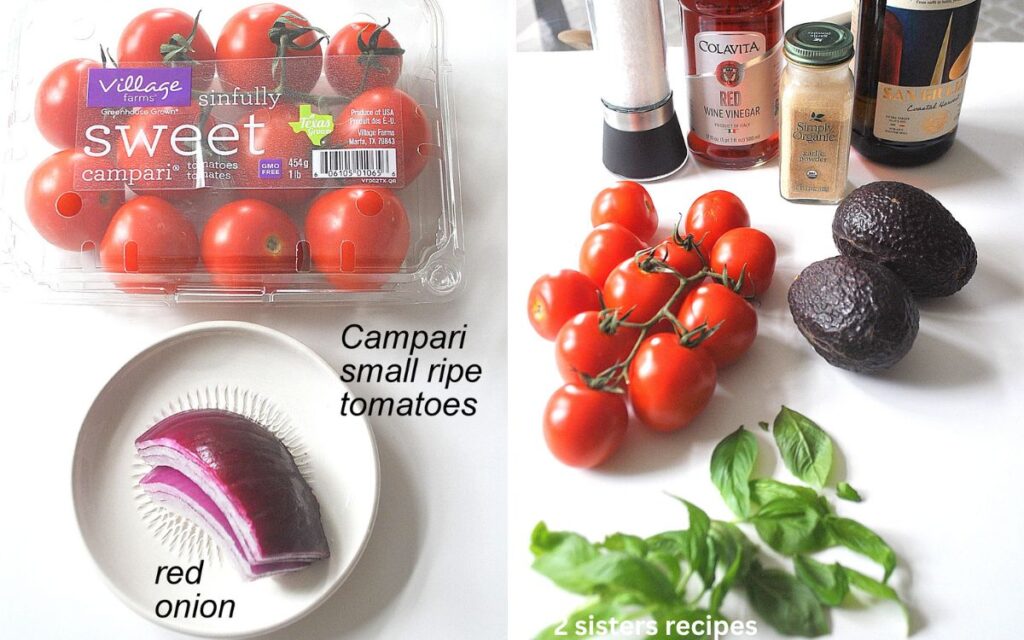 A plastic box filled with campari tomatoes, and a slice of red onion on a plate. Plus, bottles of seasonings, olive oil and vinegar.
