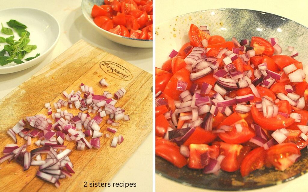 A cutting board with chopped red onion, and bowl with quartered tomatoes and red onions.