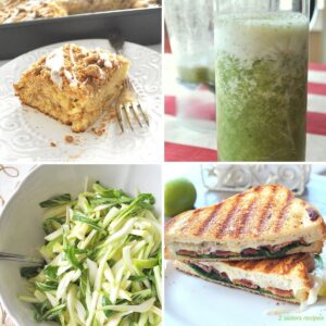 A slice of apple cake on a plate. A grilled sandwich, and a green smoothie and green apple salad.