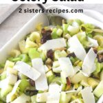 A rectangular bowl filled with a crunchy celery salad with cheese shavings on top.