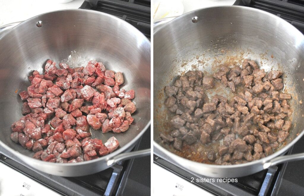 A pot with floured cubed beef and sautéed in a pot. 