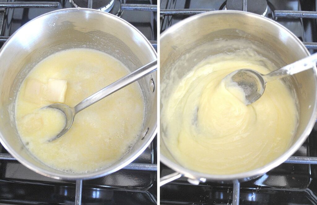 A small pot with butter and Fontina cheese melting and a spoon stirring. 