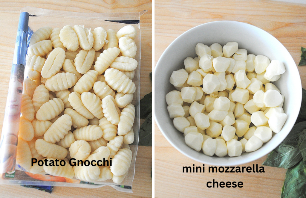 A package of gnocchi and bowl of mozzarella balls.