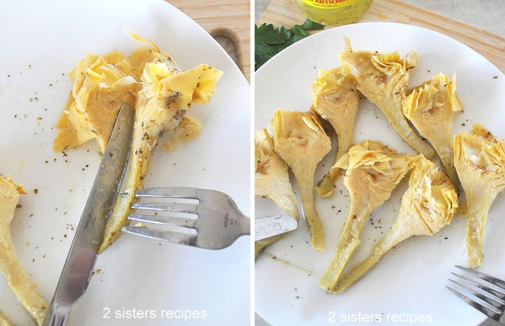 A long stem marinated artichoke is sliced down the middle on a plate, And, 4 sliced artichoke sliced on the plate.