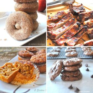 A pile of donuts on a plate. Baby back ribs, muffins and chocolate cookies/