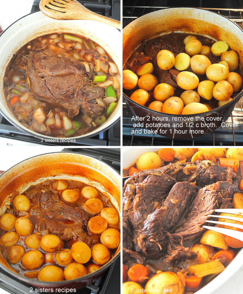 A Dutch oven filled with seared roast with veggies,  and potatoes, then sliced when served.