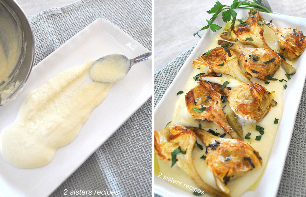 A rectangular platter with a spoon smearing cream and seared artichokes over the cream.