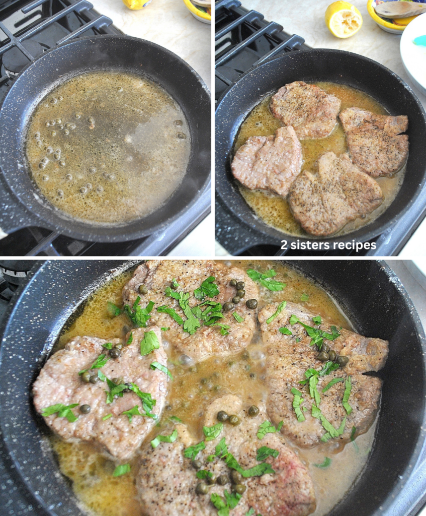 Skillet with butter sauce, then steaks go back in and fresh parsley on top. 