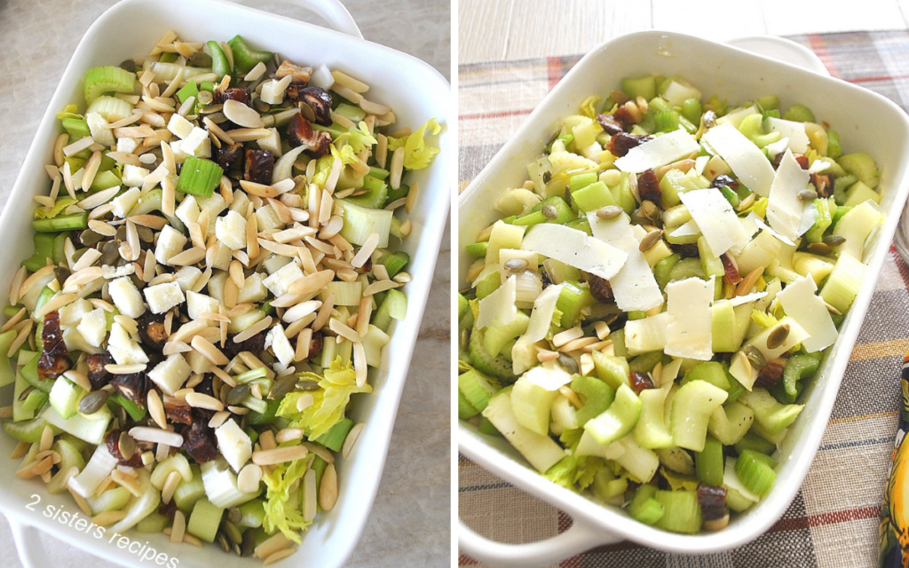 A rectangle serving bowl filled with celery salad. 