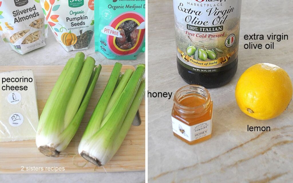 Two stalks of celery, along with bags of nuts, pumpkin seeds and dates, along with a bottle of olive oil, honey, and one lemon. 