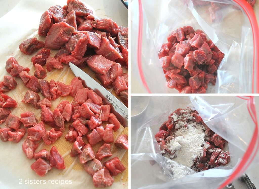 Cubed beef on a cutting board, then placed in a plastic bag with flour.