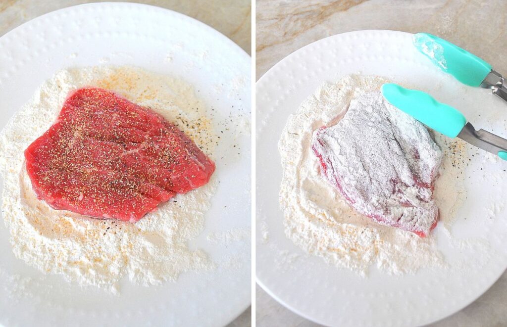 Thin steak are dusted  with flour.